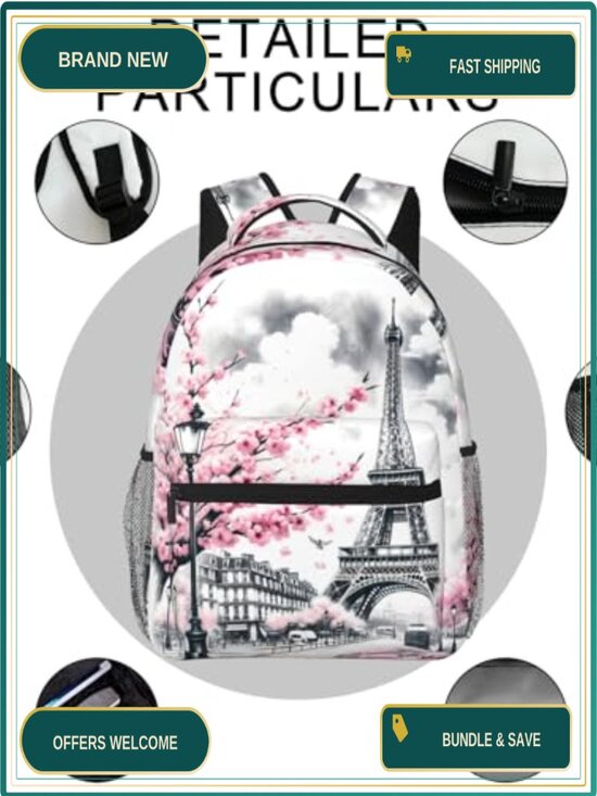 Paris Backpack for Women Girls Travel School Work, Lightweight Laptop Daypack, main image 6